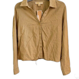 MICHAEL KORS Linen Blend Shirt Women Size S Tan Button Up Long Sleeve